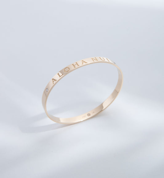 Hie Aloha Nui bangle bracelet upright in gold with subtle palm leaf shadow